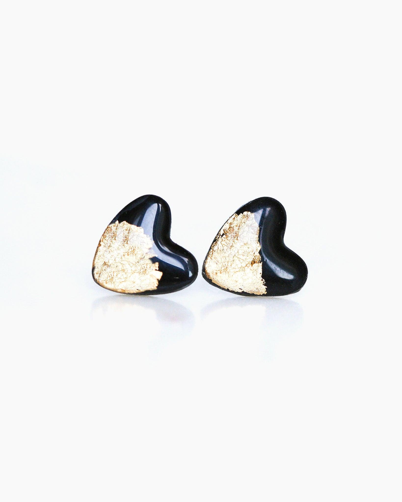 Black gold heart studs for sensitive ears - Ollijewelry