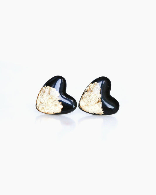 Black gold heart studs for sensitive ears - Ollijewelry