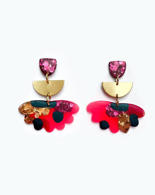 Bright statement earrings, Pink flower earrings with colourful glitter, Handmade jewelry gift - Ollijewelry