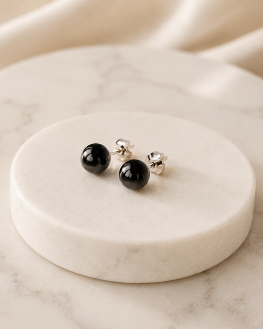 Black Agate Minimalist Stud Earrings - 925 Sterling Silver