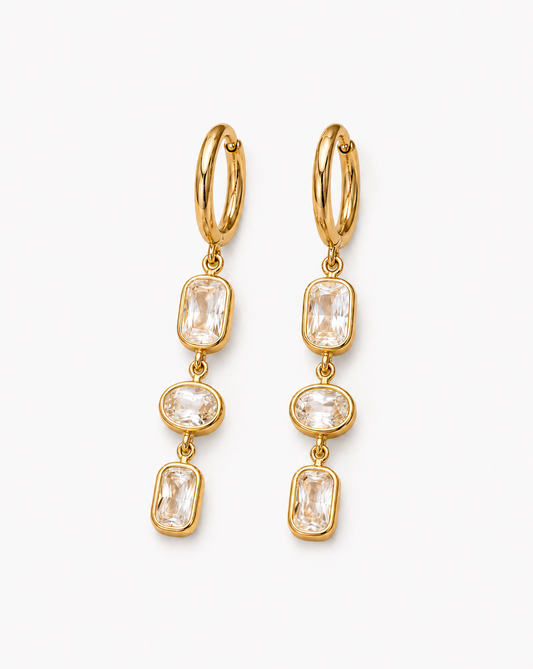 18K Gold Plated Stainless Steel Crystal Drop Earrings – Elegant Triple Stone Hoops