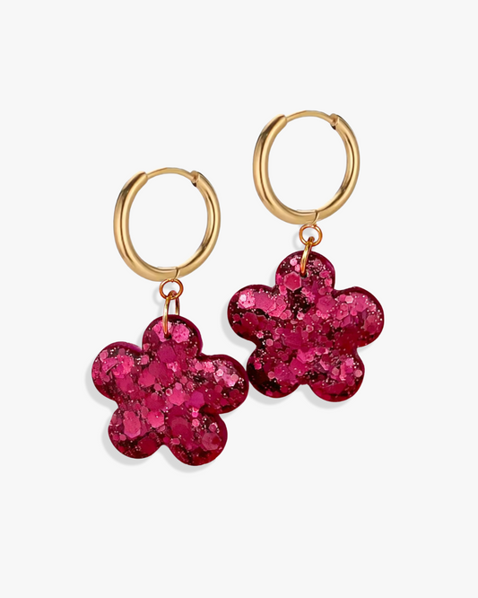 Delicate floral matt hoop earrings made from crystal resin