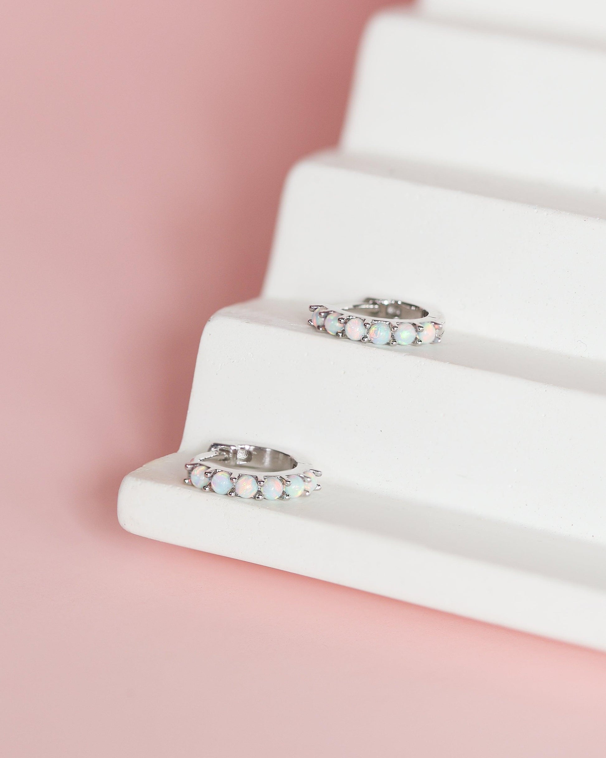 Elegant Silver Opal Huggie Hoop Earrings - Ollijewelry