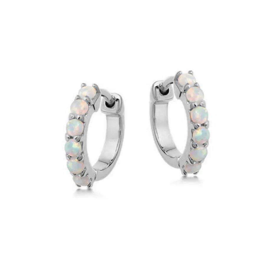 Elegant Silver Opal Huggie Hoop Earrings - Ollijewelry