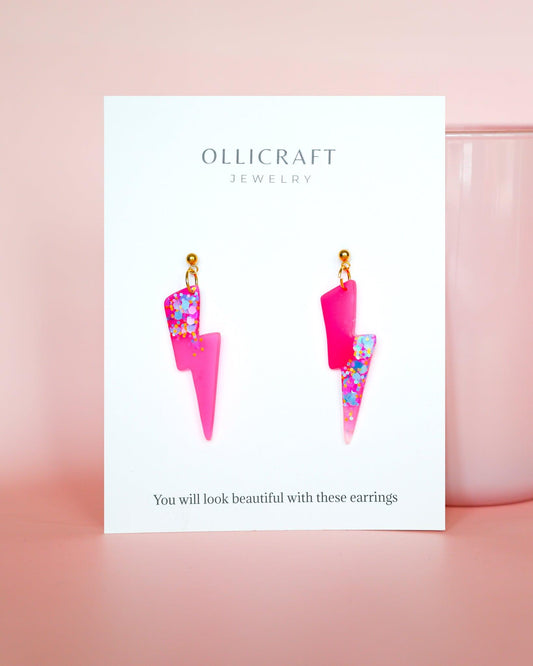 Flash statement earrings, Pink fashion earrings with colourful glitter, Handmade jewelry gift - Ollijewelry