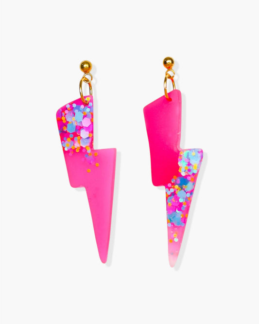 Flash statement earrings, Pink fashion earrings with colourful glitter, Handmade jewelry gift