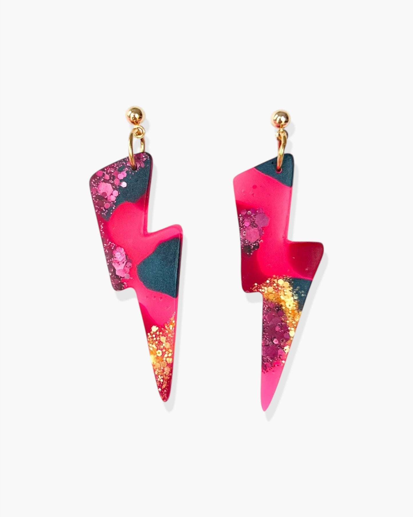 Flash statement earrings, Pink fashion earrings with colourful glitter