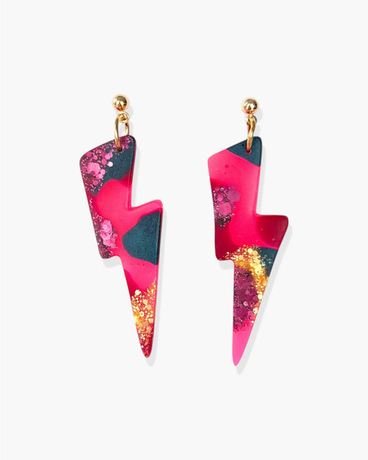 Flash statement earrings, Pink fashion earrings with colourful glitter