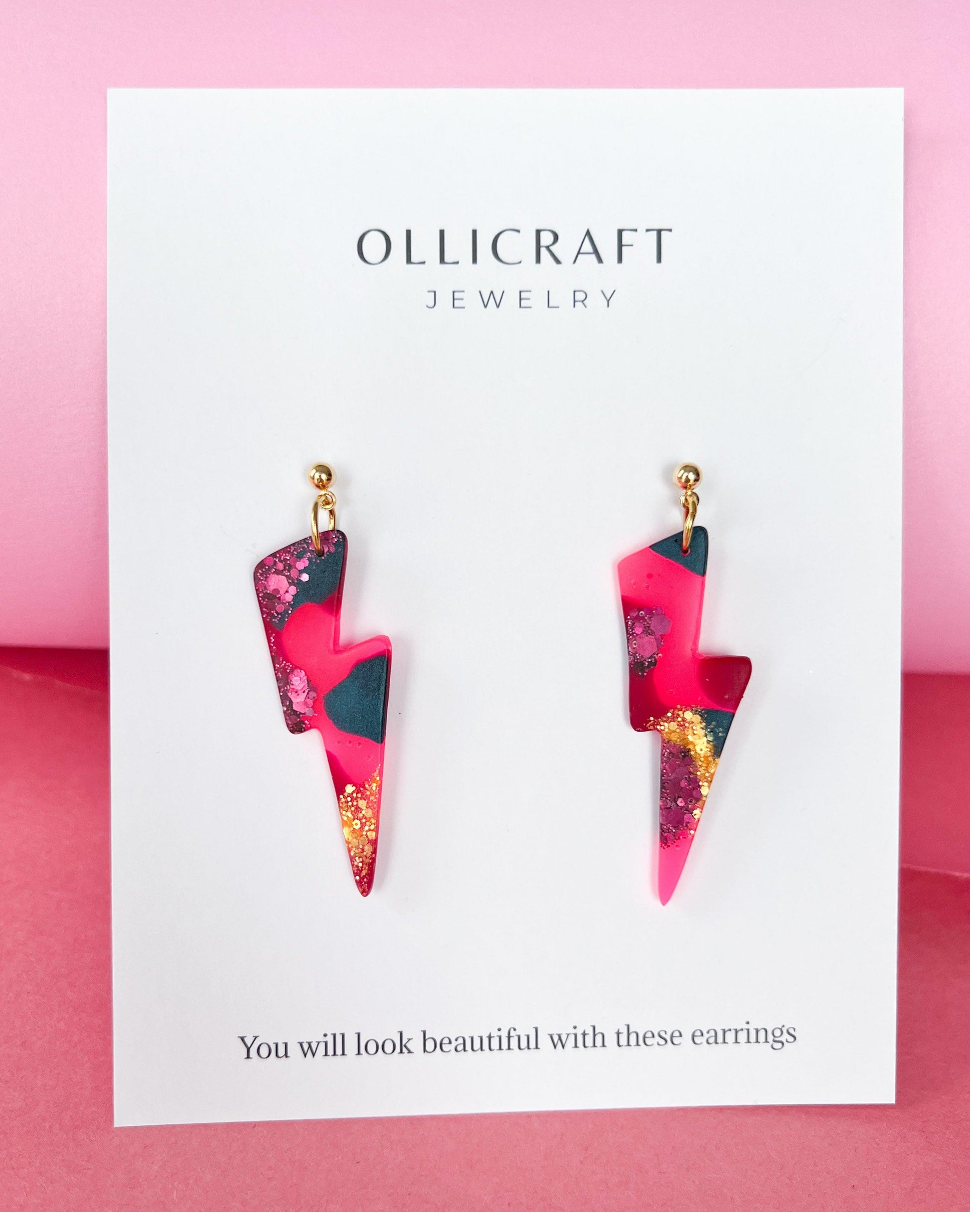 Flash statement earrings, Pink fashion earrings with colourful glitter, Handmade jewelry gift - Ollijewelry