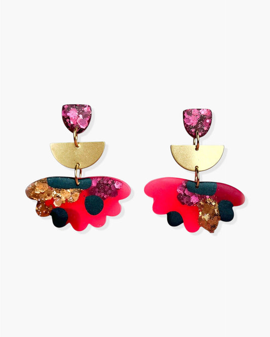 Bright statement earrings, Pink flower earrings with colourful glitter, Handmade jewelry gift