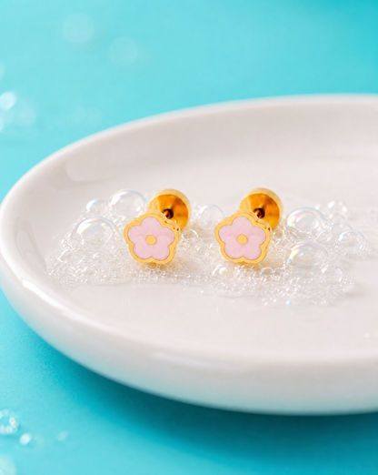 Pink flower flat back studs - Stainless Steel Earrings