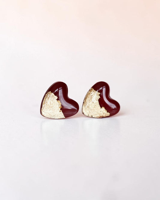 Boucles d'oreilles clous en forme de cœur bordeaux