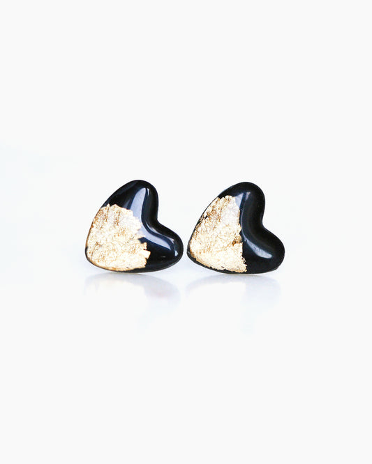 Black gold heart studs for sensitive ears