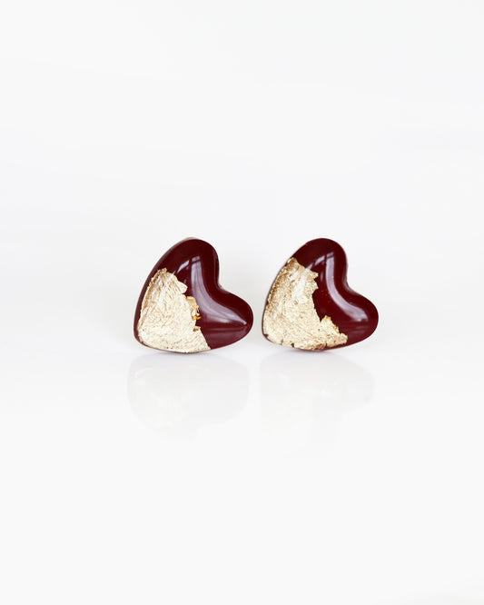 Burgundy heart stud earrings