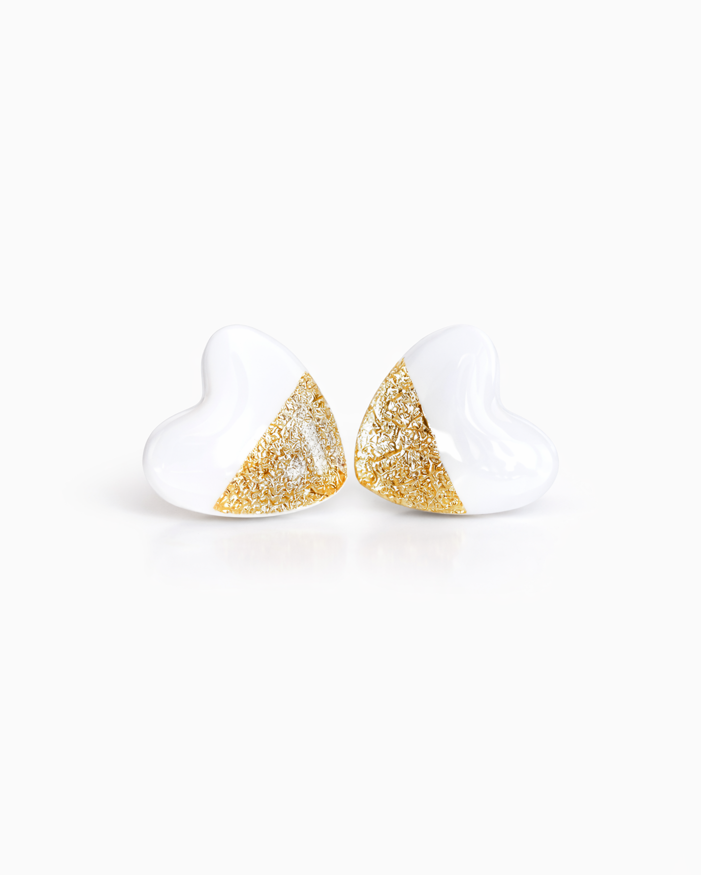 White heart stud earrings with gold foil