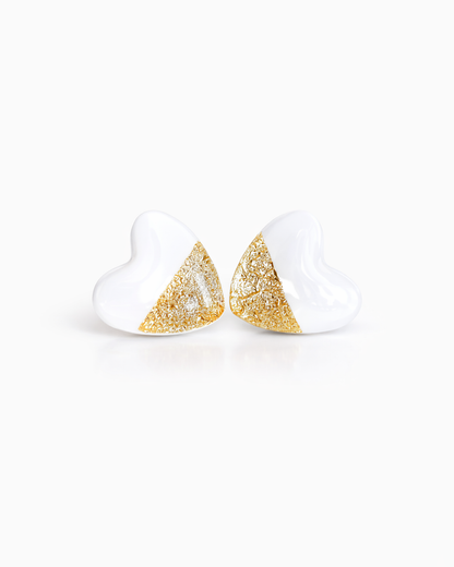 White heart stud earrings with gold foil