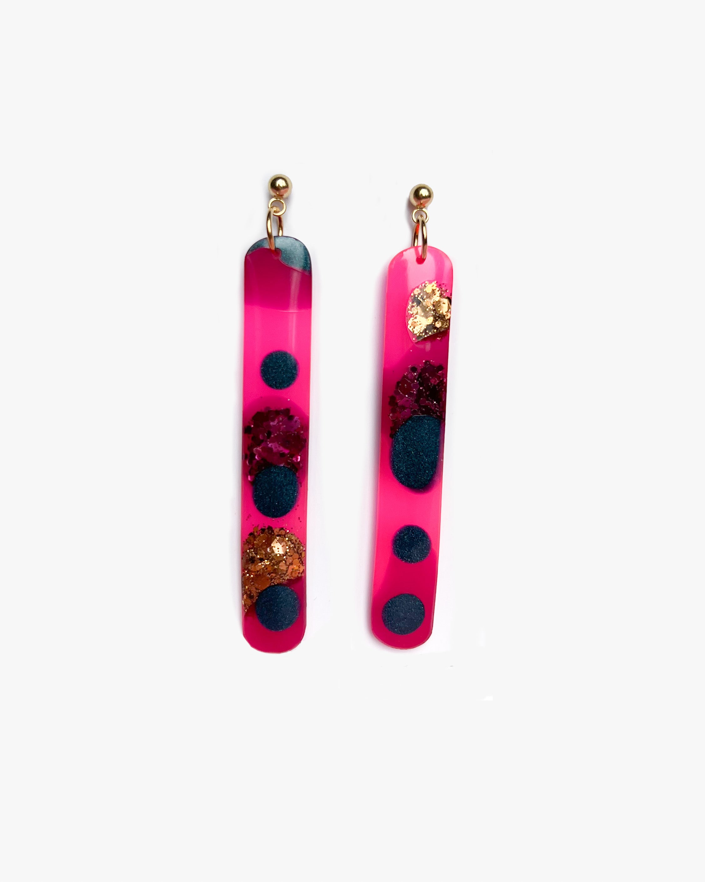 Neon pink bar earrings, Bright statement earrings with colourful glitter, Handmade jewelry gift