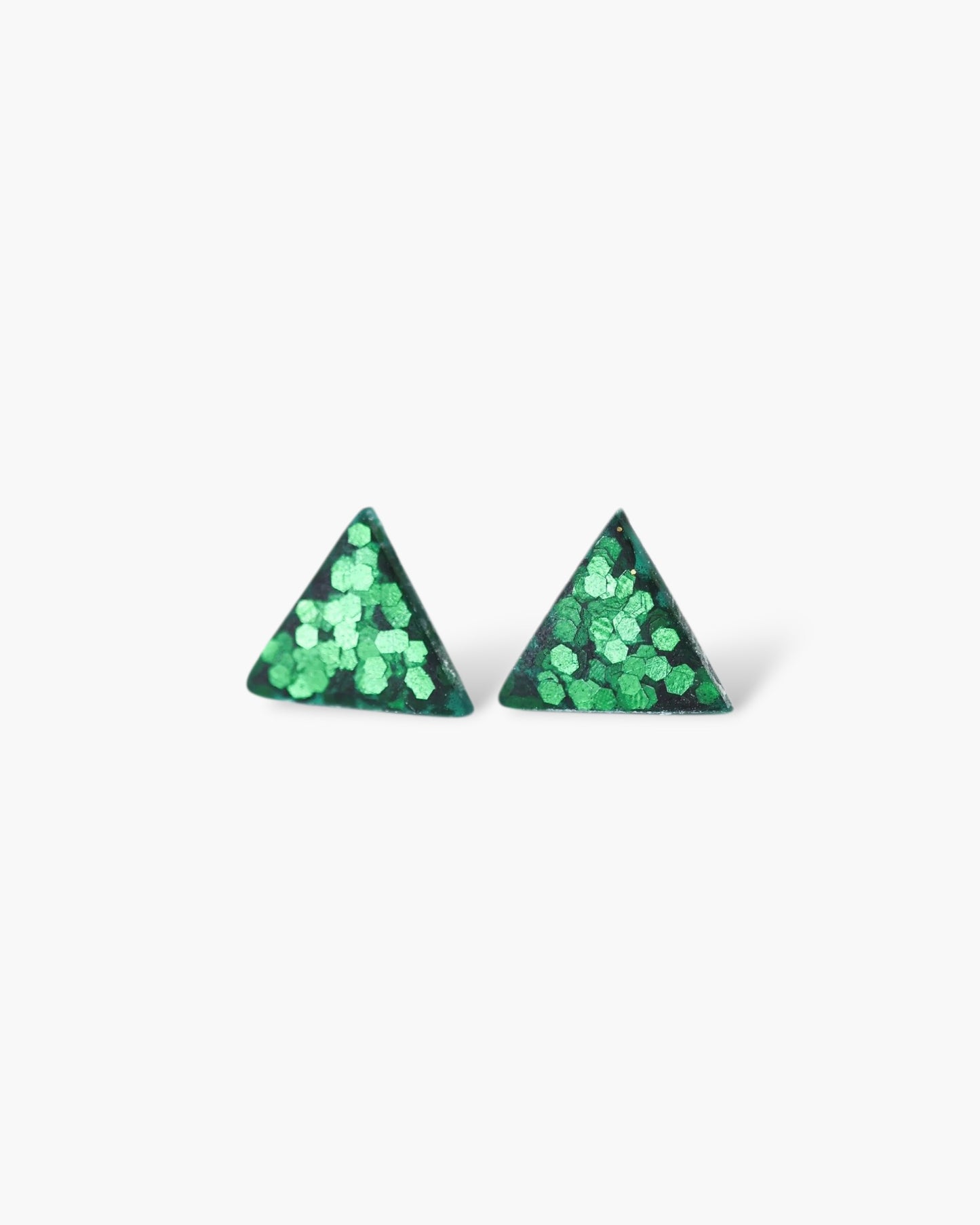 Pair of green triangle-shaped earrings on a white background
