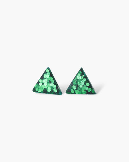 Pair of green triangle-shaped earrings on a white background