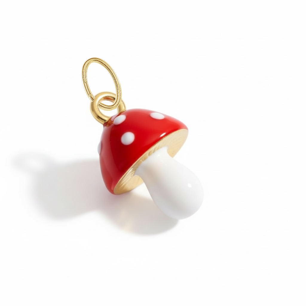 Red and white enamel mushroom charm with gold loop, minimalist jewelry accessory