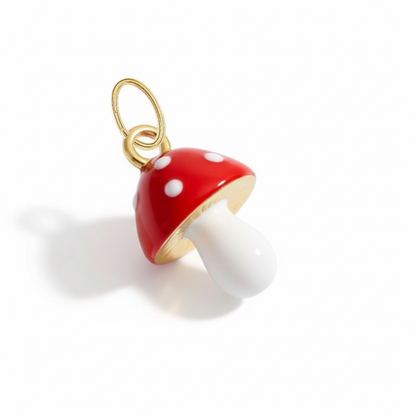 Red and white enamel mushroom charm with gold loop, minimalist jewelry accessory