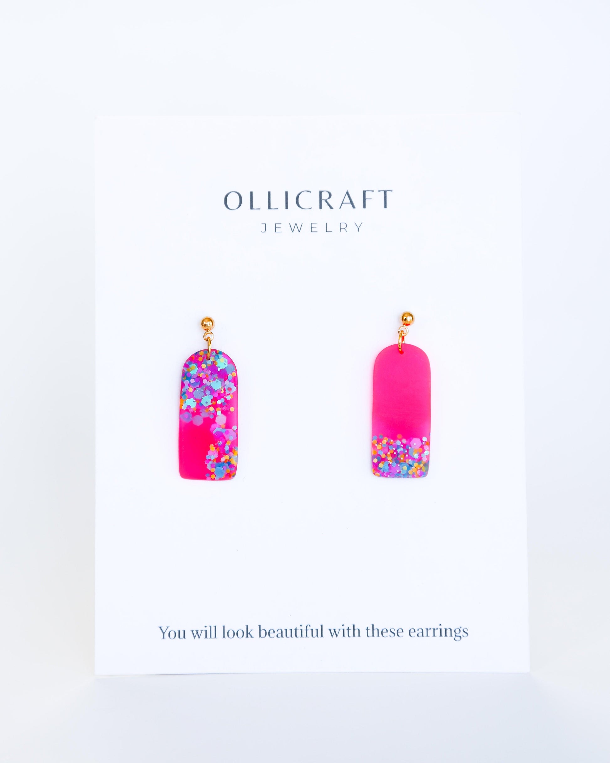 Neon pink bar earrings, Bright statement earrings with colourful glitter - Ollijewelry