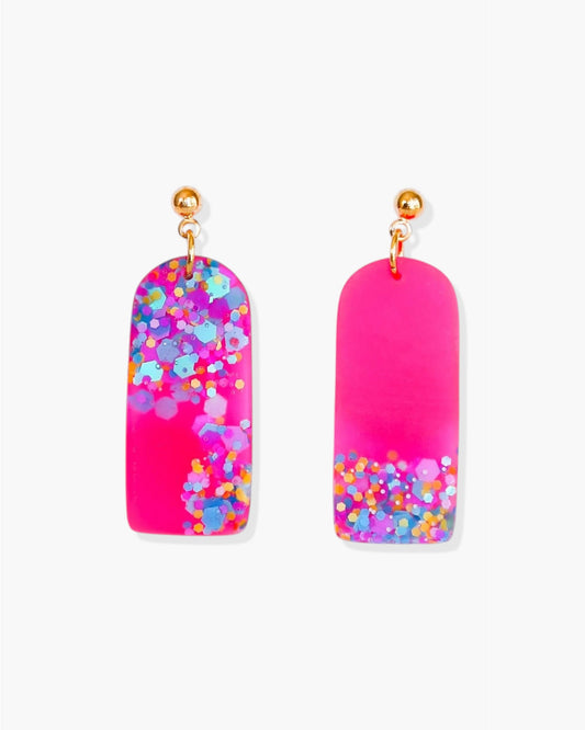Neon pink bar earrings, Bright statement earrings with colourful glitter