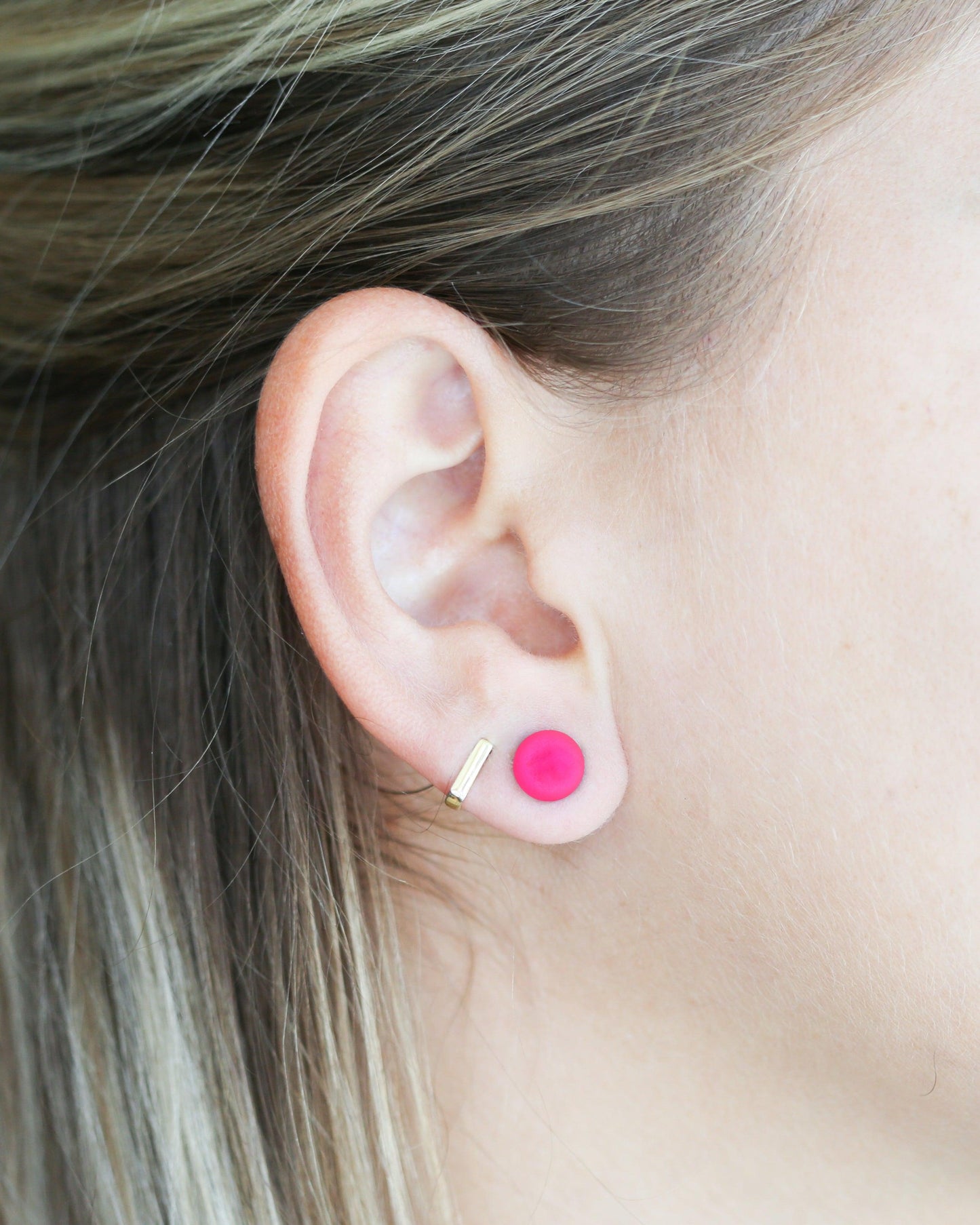 Neon pink tiny 8mm stud earrings, Hypoallergenic earrings for sensitive ears, Handmade jewelry - Ollijewelry