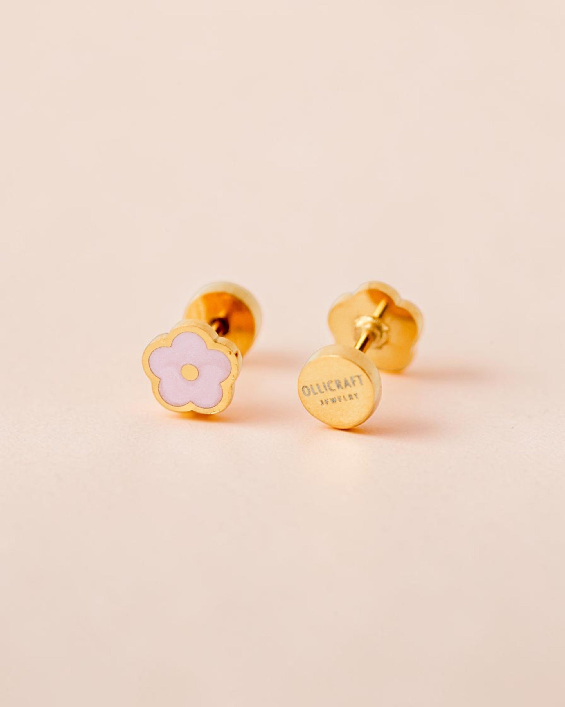 Ollijewelry pink flower flat back stud earrings in gold-toned surgical steel with enamel detailing