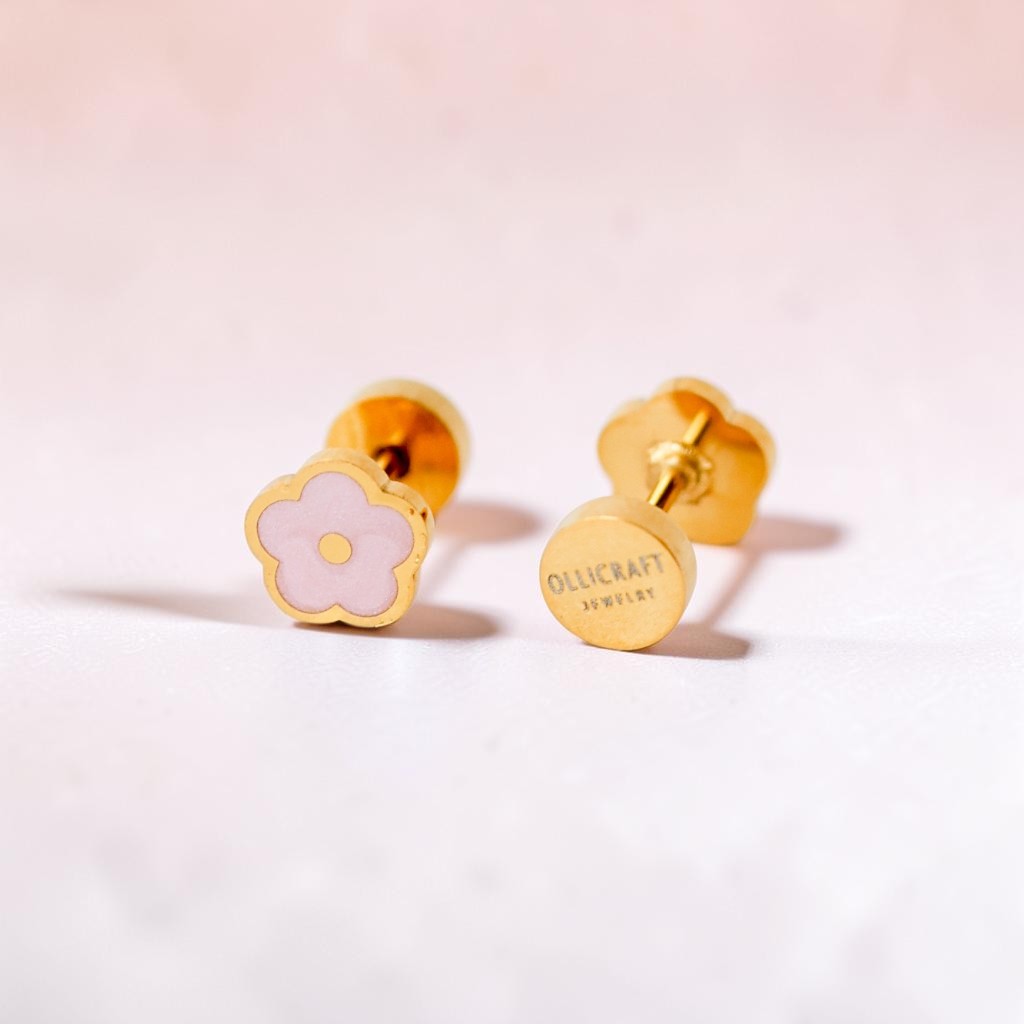Ollijewelry pink flower flat back stud earrings in gold-toned surgical steel with enamel detail.