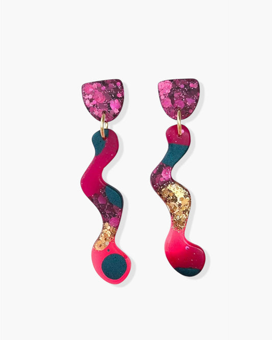 Pink bar earrings with colourful glitter, Handmade jewelry gift