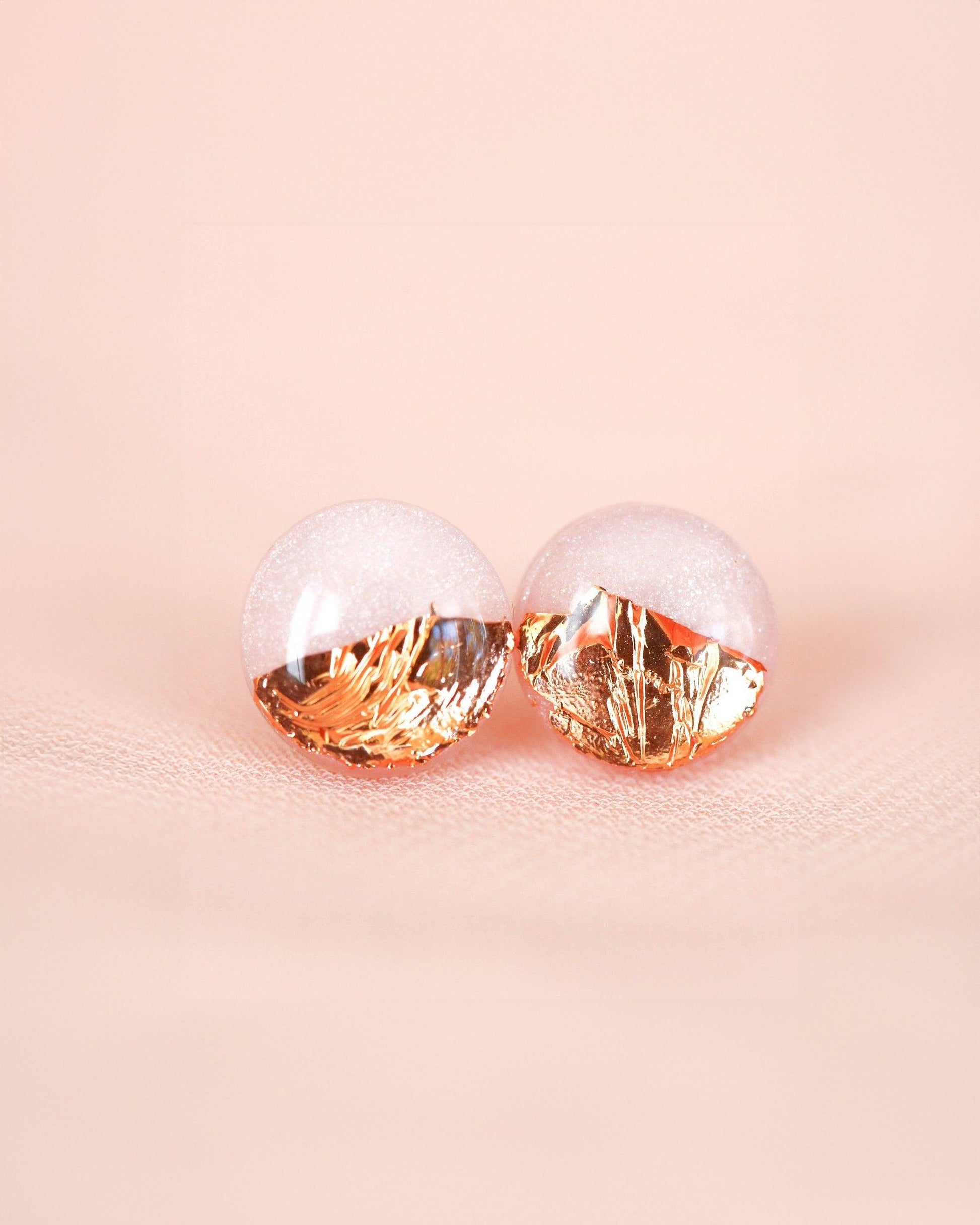 Pink rose stud earrings with gold foil - Ollijewelry