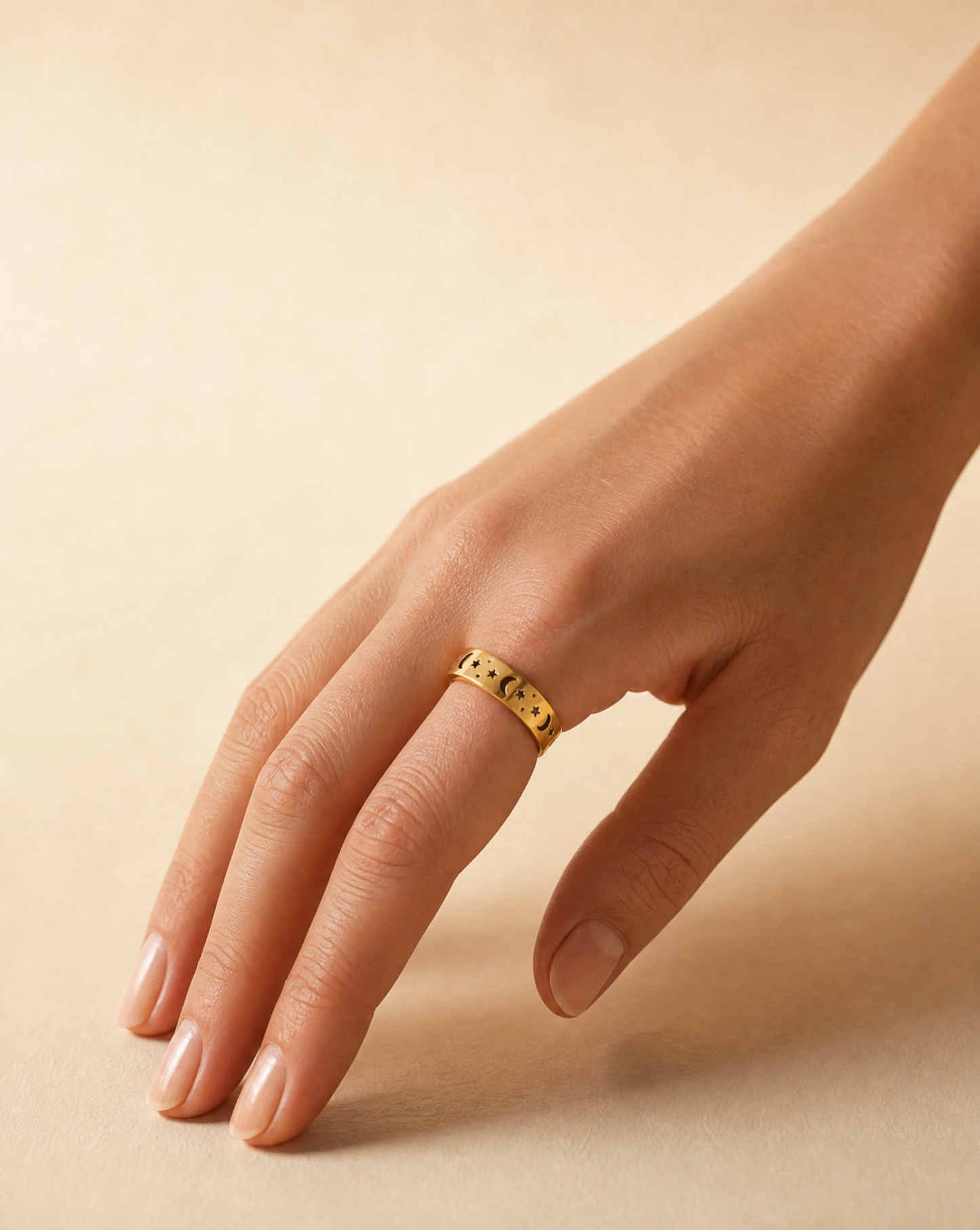Celestial Moon and Star Ring - Gold Stainless Steel Jewelry