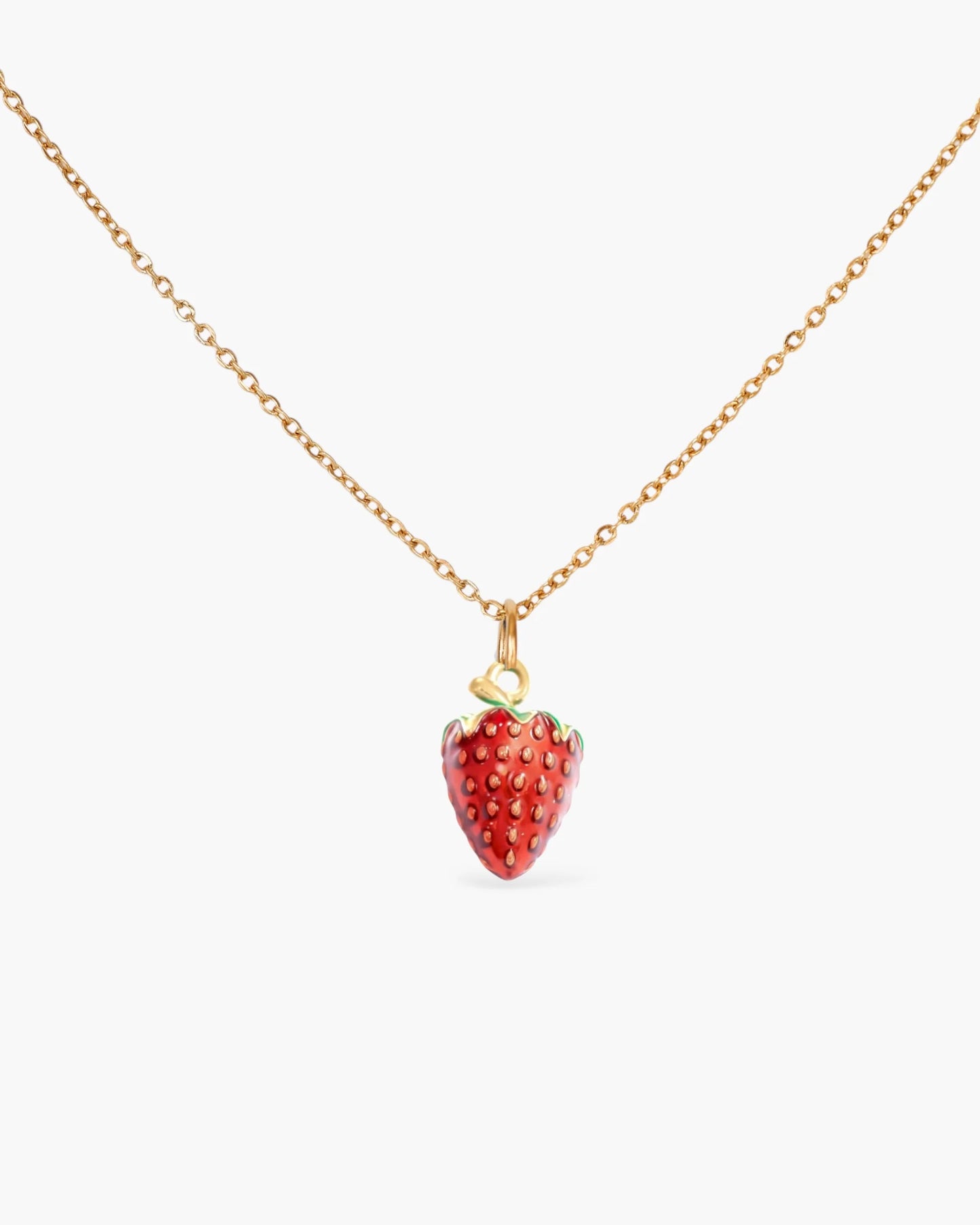 Gold chain necklace with a red strawberry pendant, minimalist handmade jewelry