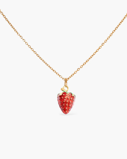 Gold chain necklace with a red strawberry pendant, minimalist handmade jewelry