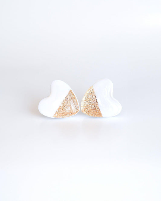 White heart stud earrings with gold foil - Ollijewelry