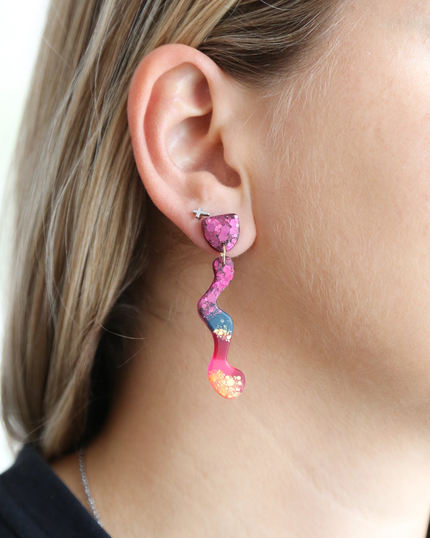 Pink bar earrings with colourful glitter, Handmade jewelry gift