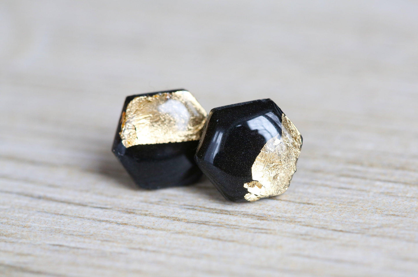 Black and gold hexagon stud earrings - Ollijewelry