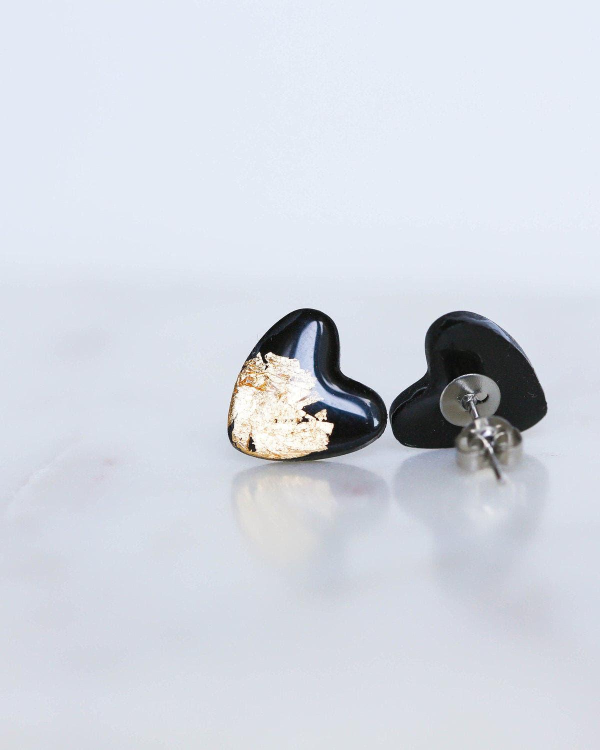 Black gold heart studs for sensitive ears - Ollijewelry