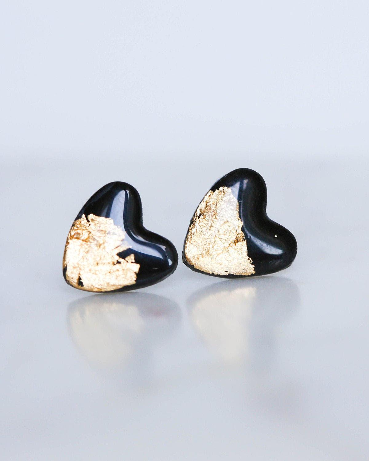 Black gold heart studs for sensitive ears - Ollijewelry