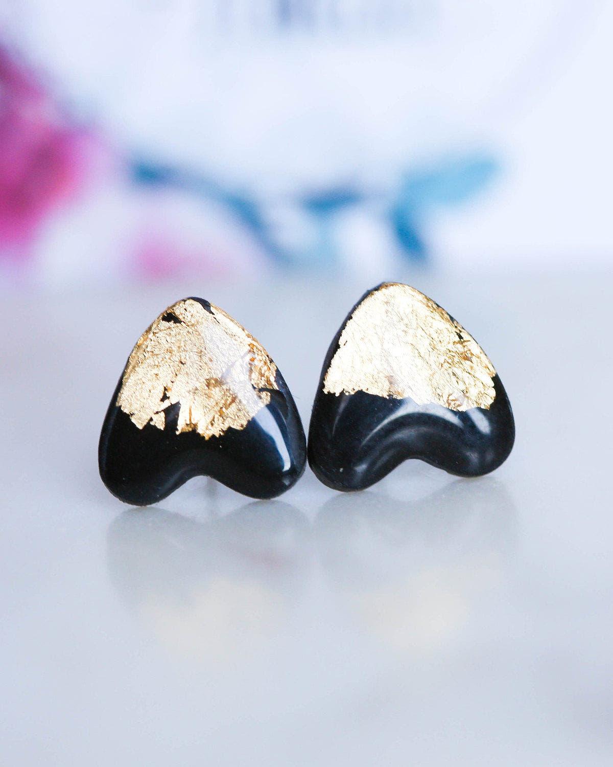 Black gold heart studs for sensitive ears - Ollijewelry