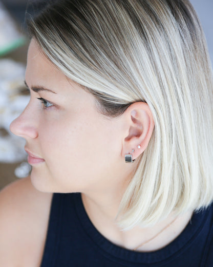 Cube hoop sterling silver earrings rhodium plated jewelry - Ollijewelry