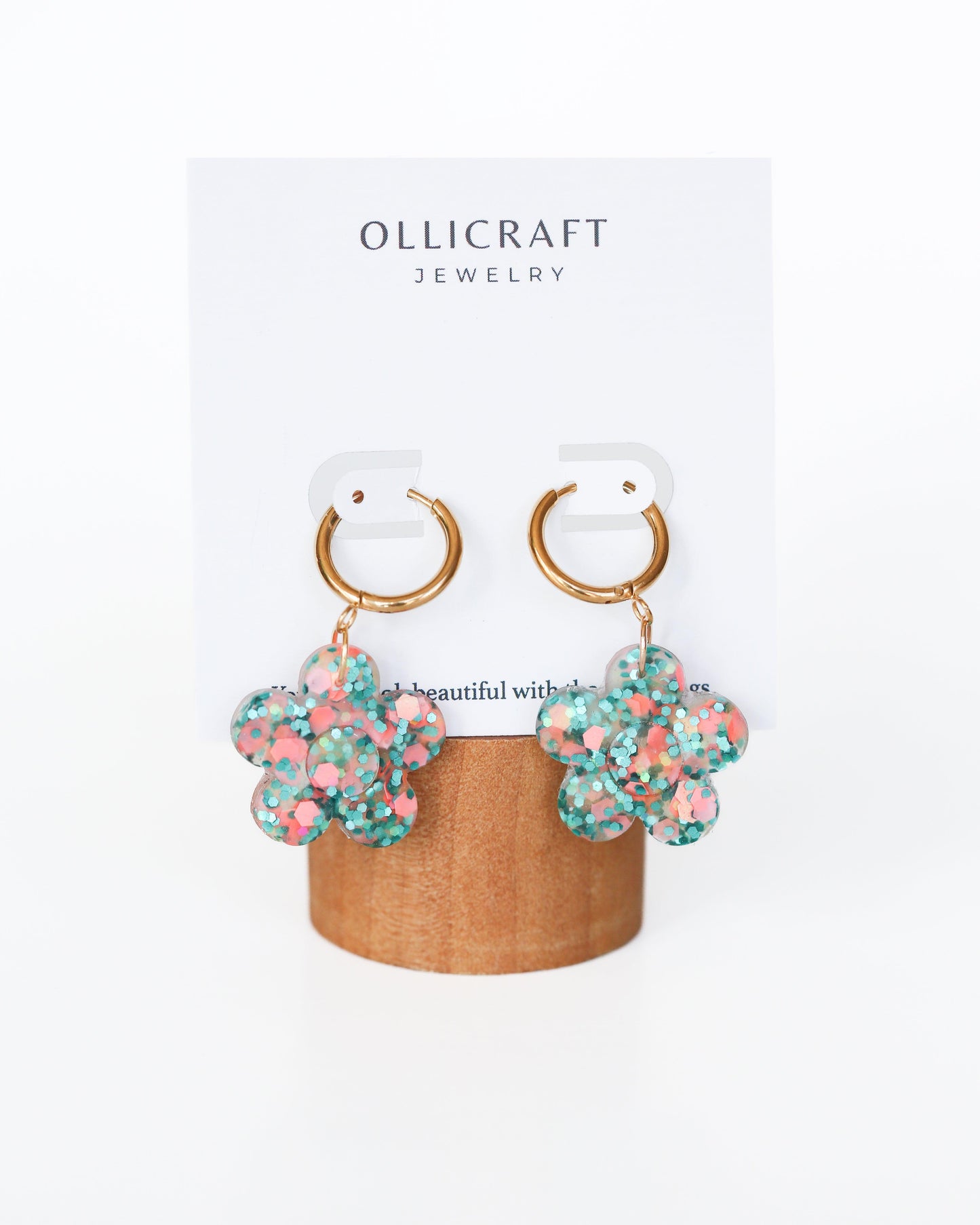 Cute flower statement earrings made from crystal resin, Handmade jewelry - Ollijewelry