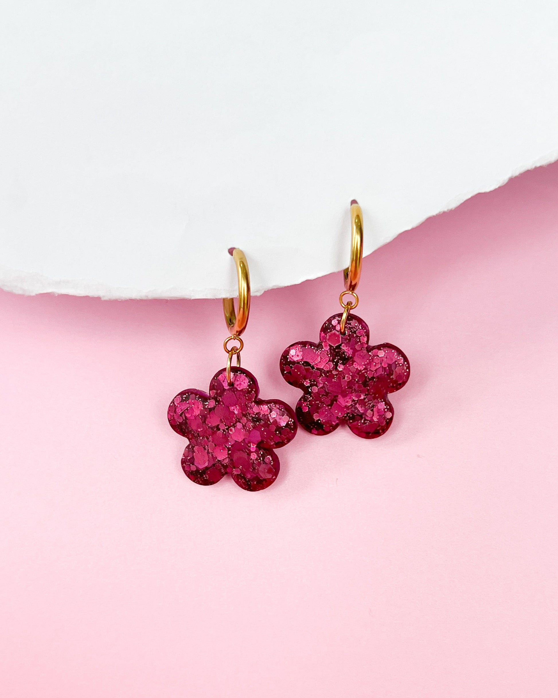 Delicate floral matt hoop earrings made from crystal resin - Ollijewelry