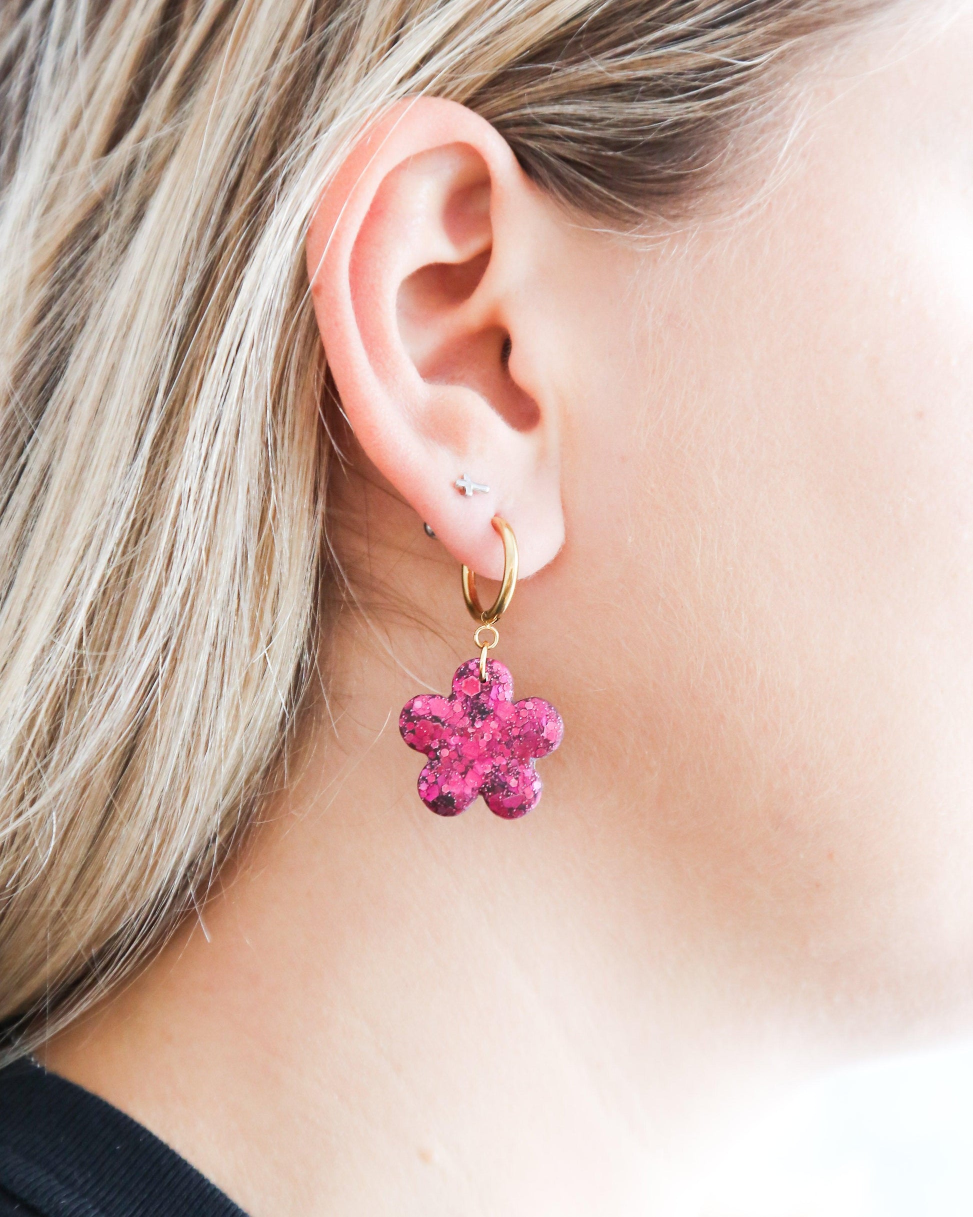 Delicate floral matt hoop earrings made from crystal resin - Ollijewelry