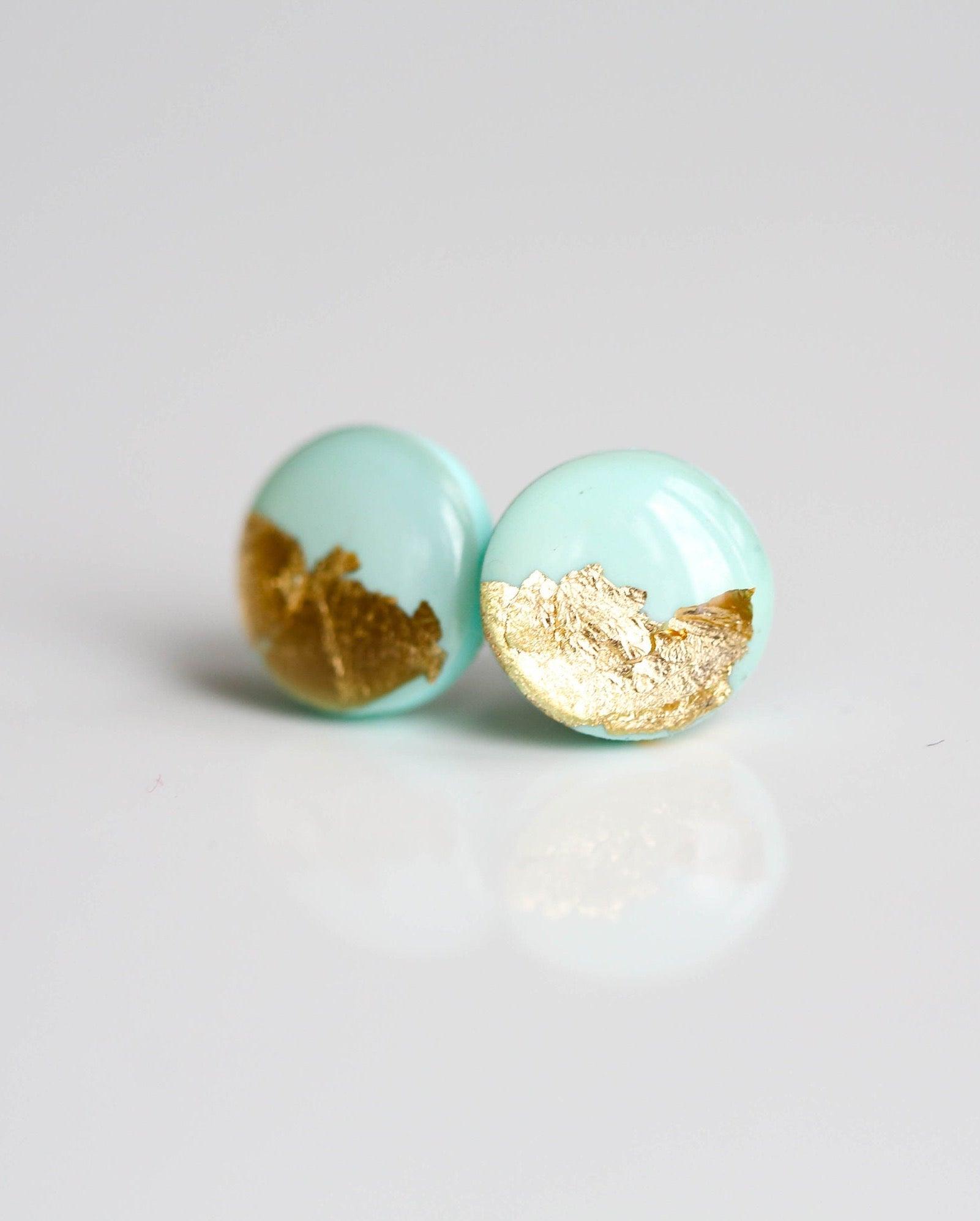 Gold mint studs 8mm earrings Handmade jewelry - Ollijewelry