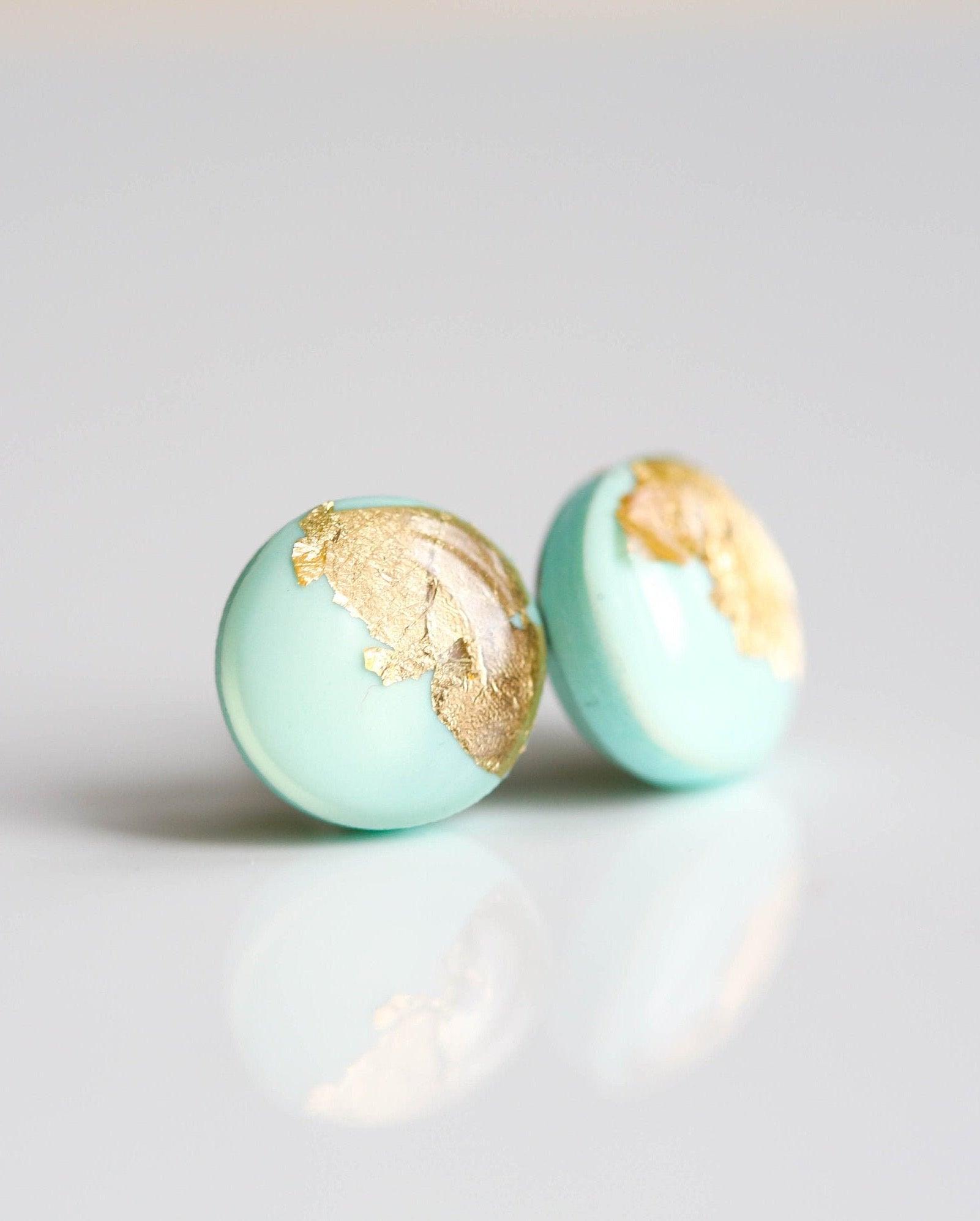 Gold mint studs 8mm earrings Handmade jewelry - Ollijewelry