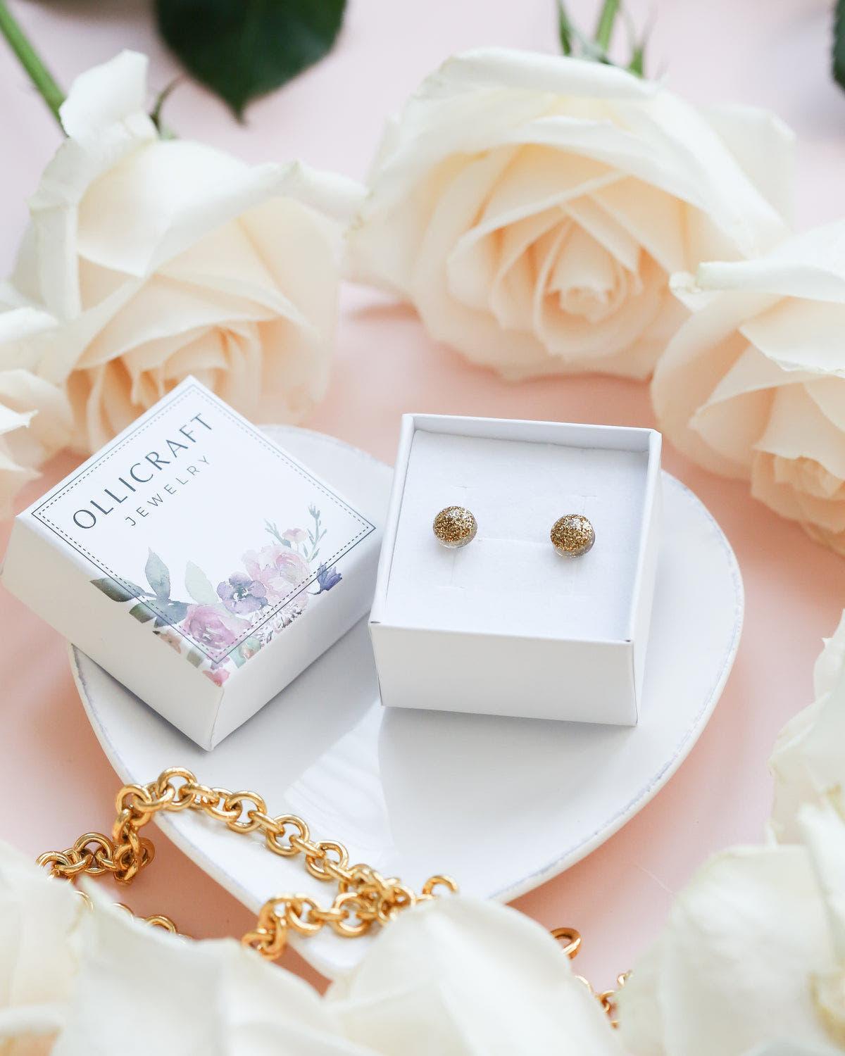 Golden sparkling studs earrings with surgical steel posts - Ollijewelry