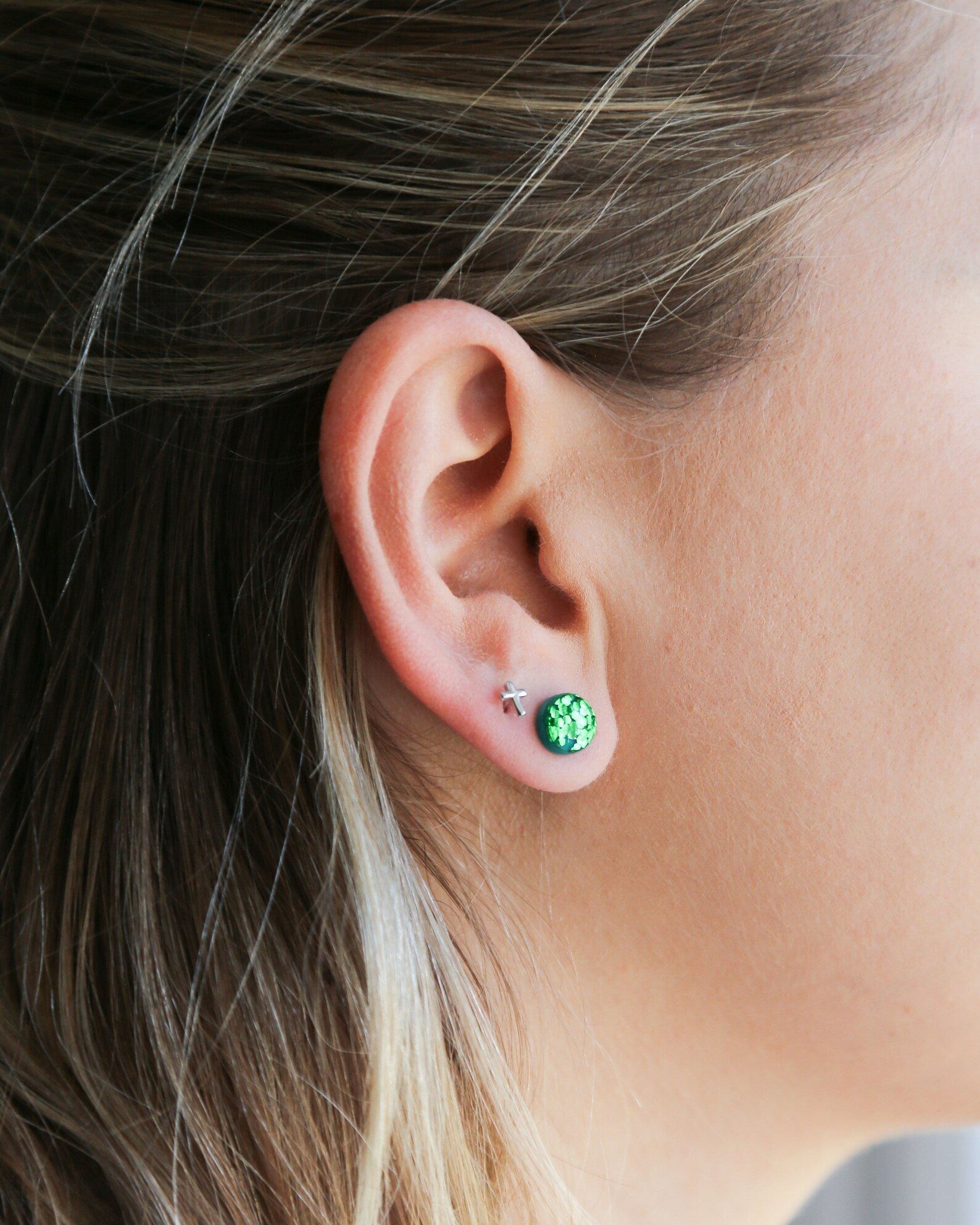 Emerald green studs with surgical steel posts, Handmade jewelry