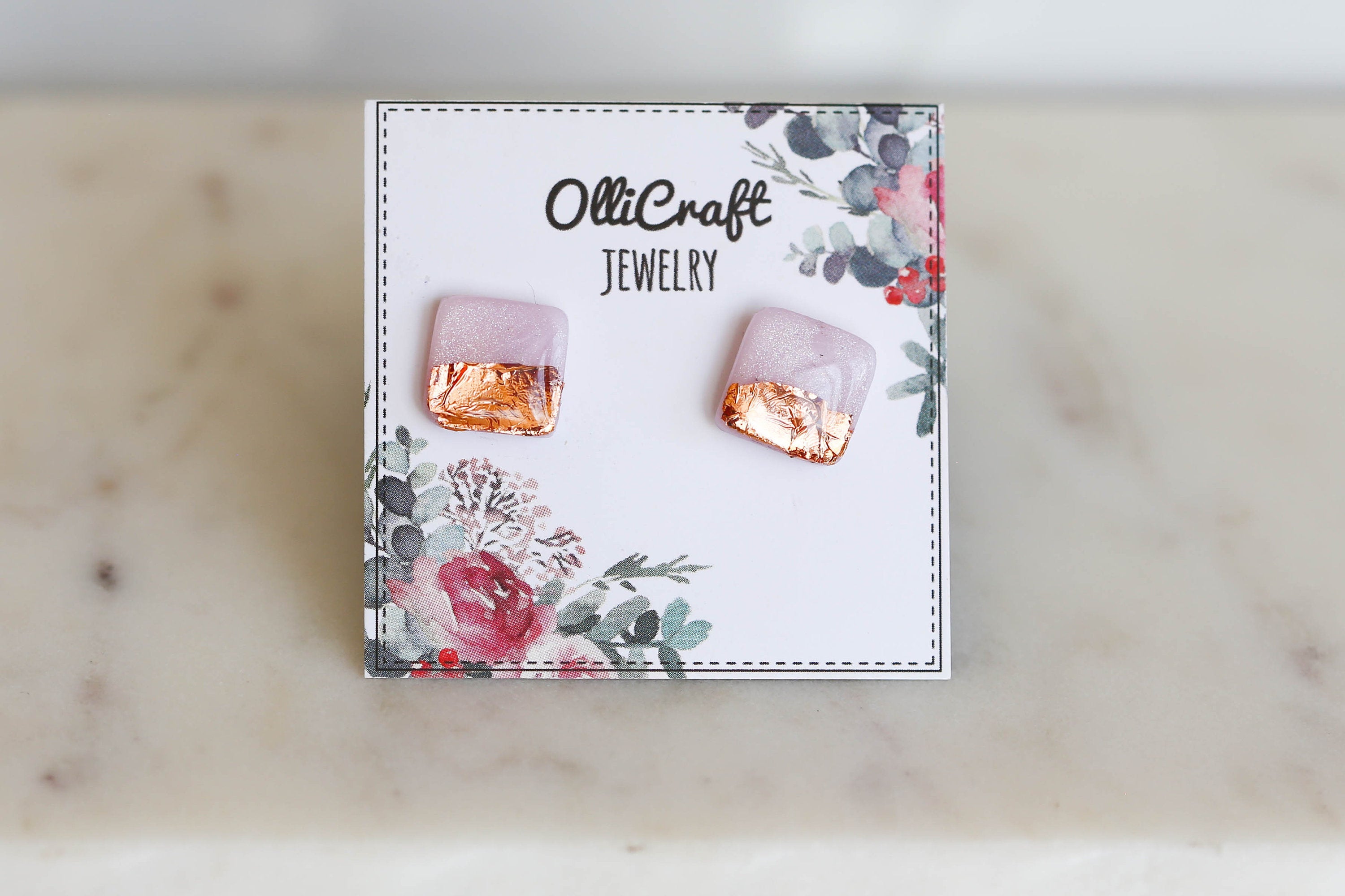 Surgical steel rose and gold square stud earrings freeshipping - Ollijewelry